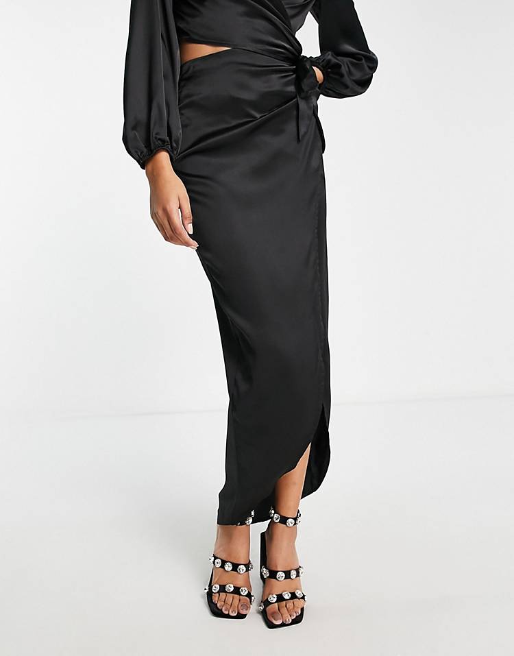 Flounce London satin high waist maxi skirt with leg slit in black - part of a set